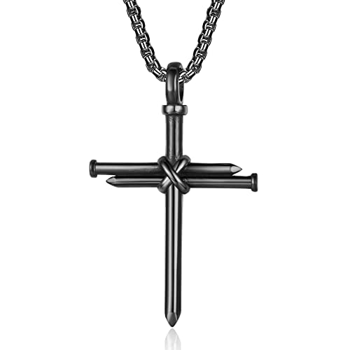 Nail Cross Necklace for Men Stainless Steel Chain 24inch 3 Nails Jesus Cross Pendant Christian Gifts for Dad 3 Colors - color: Black