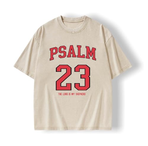 Graphic Tees Summer Women Men Cotton Novelty Oversized Crew Neck Psalm of Bible Christian Washed T-Shirt - color: Beige, size: Medium