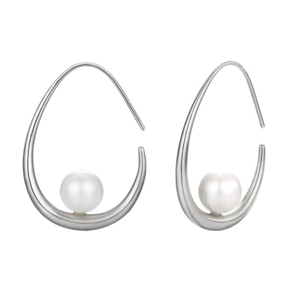 Lightweight Teardrop Hoop Earrings for Women - 14k Gold/White Gold Plated Large Oval Pull Through Hoop Earrings High Polished Statement Jewelry Gift for Women - color: Silver Pearl