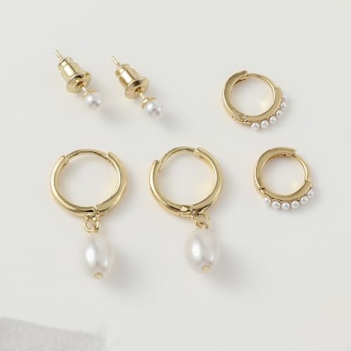 SHERLOVE Gold Earring Stacks Women 3Pairs Dangle Stud Huggie Hoop Set - color: 3 Pairs-Pearl 01 Stud Gold