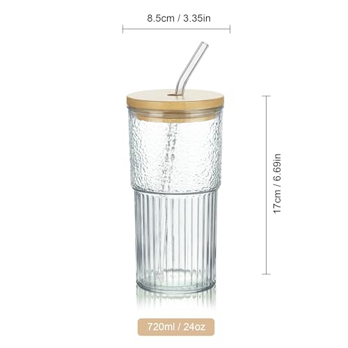 Joeyan 24 oz Clear Glass Tumbler with Straw and Bamboo Lid,Dishwasher Safe - color: Clear glass tumbler with bamboo lid