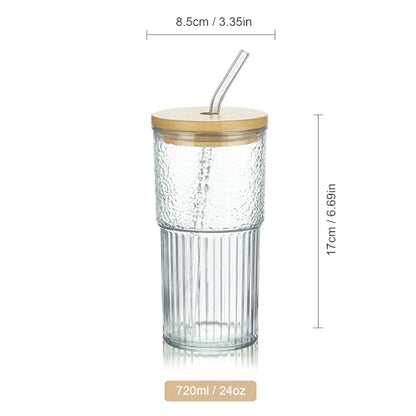 Joeyan 24 oz Clear Glass Tumbler with Straw and Bamboo Lid,Dishwasher Safe - color: Clear glass tumbler with bamboo lid