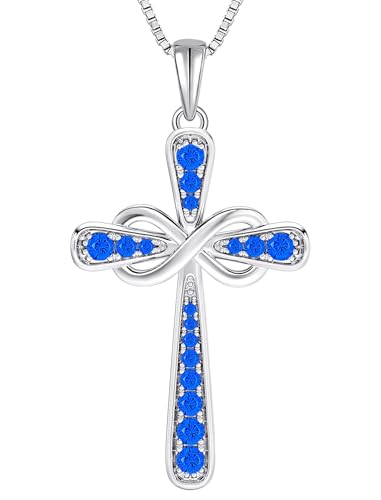 YL 925 Sterling Silver Cross Necklace for Women Halo Infinity Pendant Cubic Zirconia Jewelry for Mom - color: 09-sapphire-Sept
