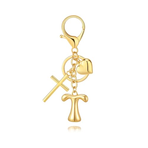 Initial Bag Charms Keychains Women, Cross Cute Heart Letter Key Chain Purse Backpack Handbags Keychain Christian Gift - color: Gold T