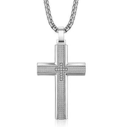 Men's Stainless Steel Cross Necklace,Two-Tone Black & Blue Carbon Fiber Pendant - Included Gift Box - style: Silver XL002