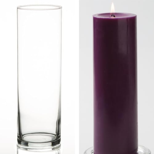 12 Eastland Glass Cylinder Vases 10.5" and 12 Purple Richland Pillar Candles 9" - color: Purple, size: 9"