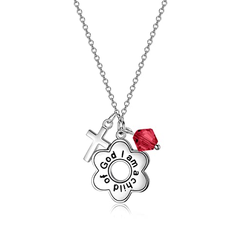 AOBOCO 925 Sterling Silver I Am a Child of God Daisy Necklace Jewelry Birthday Birthday Baptism Communion Gifts for Girls - color: Simulated Ruby