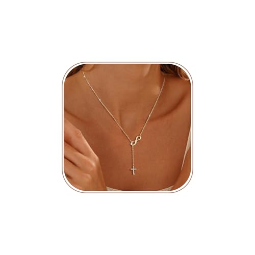 Cross Necklace for Women 14K Gold Silver Plated Small Cross Necklace Dainty Cross Pendant Choker Simple Trendy Cute Sideway Cross Charm Chain Necklaces for Women Trendy Christian Baptism Religious Faith Jewelry Gifts - size: Gold-151