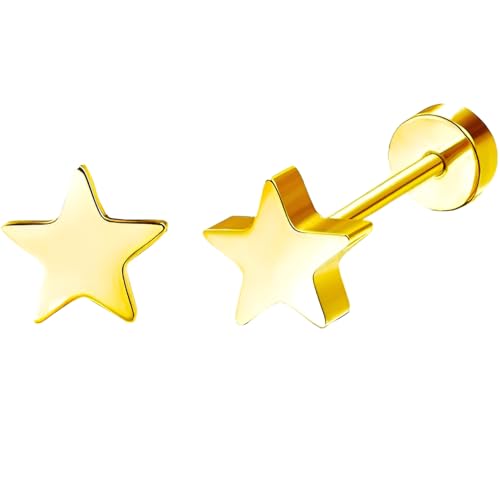 Stainless Steel Stud Earring 1 Pair Gold Small Flatback Earrings Helix Hypoallergenic Flat Back Jewellery Dainty Screwback Tiny Jewelry for Sensitive Ears Women Ladies Aretes De Mujer - style: Pentagram