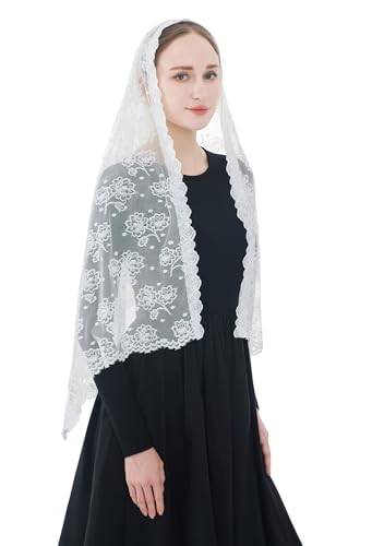 Wgior Catholic Chapel Veil – Floral Mantilla Head Covering for Church, Prayer, and Modesty – Soft Rectangular Shawl - color: White