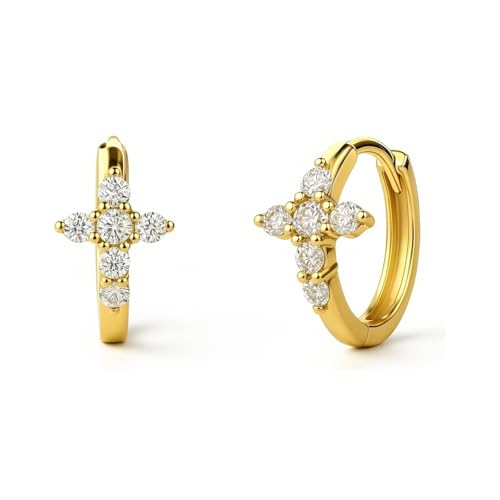 BERRICLE Sterling Silver Cross Mini Hoop Huggie Earrings for Women, Cubic Zirconia CZ 0.5 inch - style: Gold Flashed