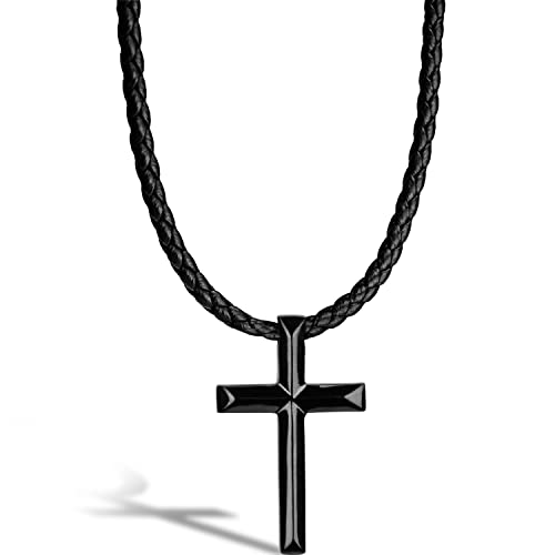 SERASAR Premium Leather Necklace Men | Stainless Steel Pendant | Secure Clasp | Three Colors | Jewelry Box Included - color: Black, size: 50cm, style: Cross