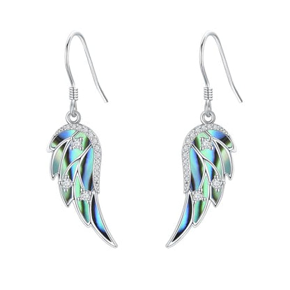 URONE Angel Wings Earring for Women Sterling Silver Fashion Dangle Drop Earring Angel Jewelry for Women - color: silver+abalone shell