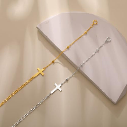 925 Sterling Silver Sideway Cross Charm Link Bracelet for Women - color: Gold