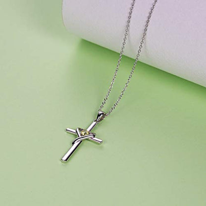 AmorAime 925 Sterling Silver Cross Necklace for Women Men 14K Gold Plated 5A CZ Birthstone Necklaces for Holiday - color: H.Green-August-Peridot