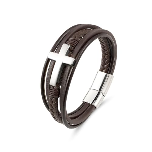 Mens Leather Cross Bracelet Braided Multi Layer Wristband with Stainless Steel Clasp - Christian Religious Gifts for Him(Brown/Black/Blue) - color: BrownLeather&Silver Plated, size: 8.3in(Fits most wrists)