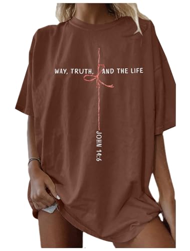 Christian Shirts for Women Oversized Bible Verse T-Shirt Jesus Religious Faithful Shirt Christ Crewneck Tee Top - color: Brown, size: Large