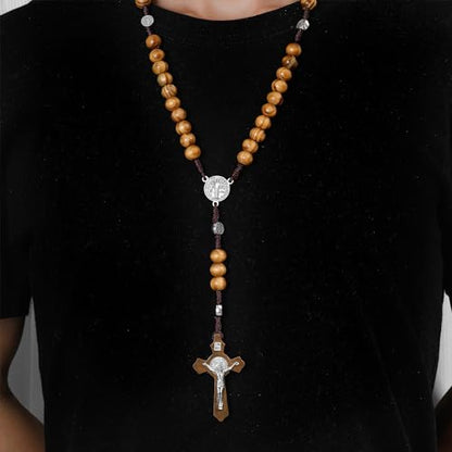 HANRESHE Wooden Beads Rosary Necklace Wooden Crosses Pendant Catholic Rosary Necklace for Men with St.Michael - color: yellow