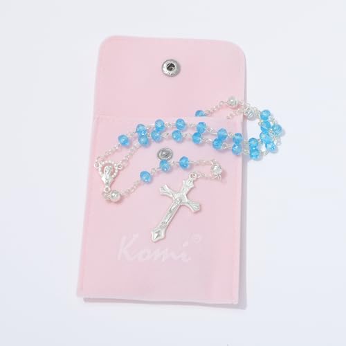 KOMI Crystal Rosary Beads with Jesus Crucifix, Catholic Necklace for Women First Communion Rosarios Wedding Rosary with Velvet Bag - style: 6MM-blue