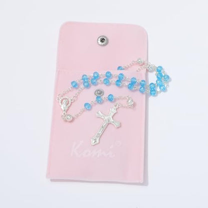 KOMI Crystal Rosary Beads with Jesus Crucifix, Catholic Necklace for Women First Communion Rosarios Wedding Rosary with Velvet Bag - style: 6MM-blue