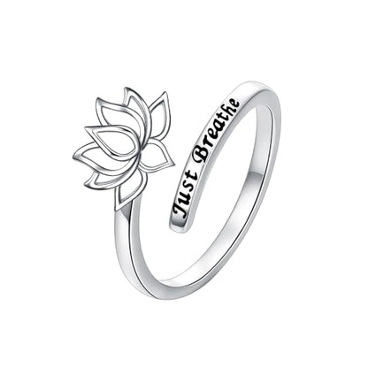 ROMANTICWORK Just Breathe Ring 925 Sterling Silver Cross/Lotus/Dandelion Adjustable Opening Ring Inspirational Jewelry for Women Birthday Christmas Gifts - style: Lotus