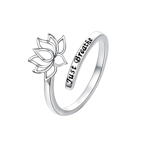 ROMANTICWORK Just Breathe Ring 925 Sterling Silver Cross/Lotus/Dandelion Adjustable Opening Ring Inspirational Jewelry for Women Birthday Christmas Gifts - style: Lotus