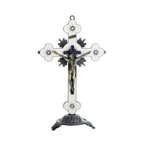 KOMI White Standing Crucifix with Detachable Base, 5 Inch Enamel Metal Cross Stand for Home Office Church Decor - color: white-bronze