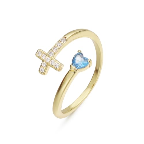 14K Gold Plated CZ Cross Heart Ring Eternity Promise Jewelry for Her - style: Blue Stone