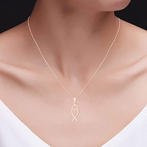 Christian Fish Cross Pendant Necklace for Women Religious Faith Jewelry - color: rose-gold-plated-silver
