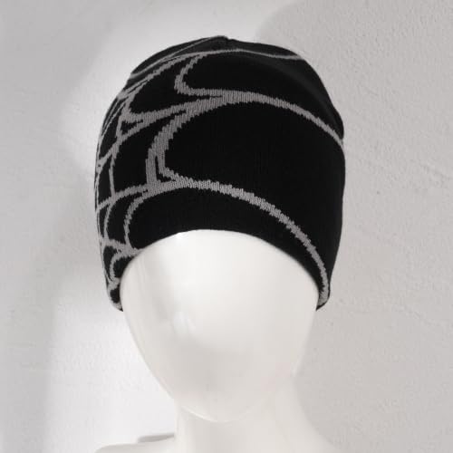Unisex Stretch Warm Winter Skull Cap, Cold Weather Knit Beanie - color: Grey Spider Web Pattern