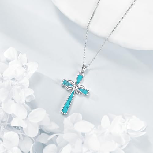 Infinity Cross Necklace S925 Sterling Silver Turquoise/Wooden/Opal/Abalone Cross Pendant Necklaces Christian Jewelry Gifts For Women - style: Green Turquoise