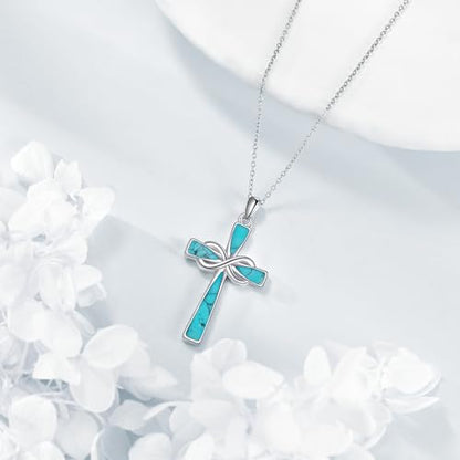 Infinity Cross Necklace S925 Sterling Silver Turquoise/Wooden/Opal/Abalone Cross Pendant Necklaces Christian Jewelry Gifts For Women - style: Green Turquoise