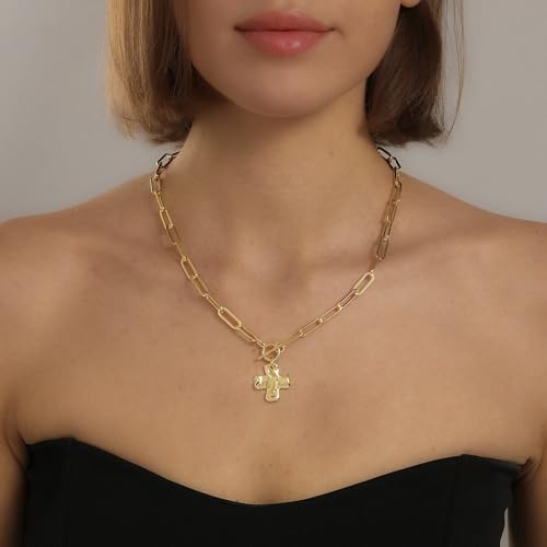 Chunky Cross Necklace for Women, 14K Gold Silver Pendant Necklace - color: Gold-Toggle-0.8 inch pendant