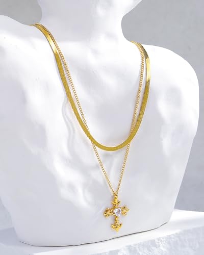 CONRAN KREMIX Waterproof Gold Layered Cross Necklace for Women Non Tarnish,14k Gold Plated Stainless Steel Dainty Cross Necklace Stack Necklaces Set for Women Christian Gifts Jewelry - color: Gold-Cross01