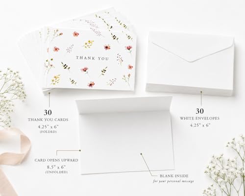 GardenCity Beautiful Floral Thank You Cards with Envelopes, 4” x 6”, 30 Pack, Wildflower Blank Thank You Cards - Perfect for Bridal Shower, Baby Shower, Weddings & All Occasions - color: Wildflower