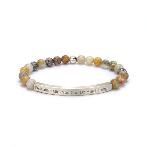 Inspirational Christian Bracelet for Women, Bamboo Leaf Agate Beaded Bible Verse Jewelry, 18K Gold Plated Religious Faith Gift, Scripture Encouragement Jewelry for Her - color: Beautiful G, You Can Do Hard Things.-Bamboo Silver