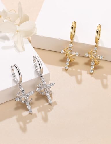 Moissanite Sterling Silver Cross Earrings for Women Huggie Drop - color: Cross Crown (Gold)