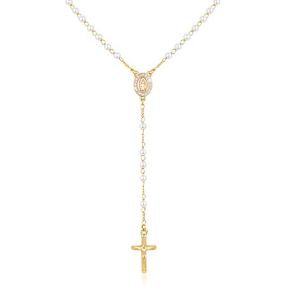Women's Gold Virgin Mary Necklace, 14k Gold Plated Rosary Bead Cross Chain - style: Pearl-Style 5