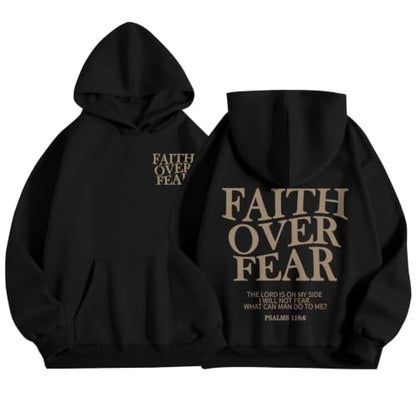 Wrenpies Faith Over Fear Hoodie for Women Christian Jesus Bible Verse Sweatshirt God Religious Oversized Tops - color: Black, size: Medium