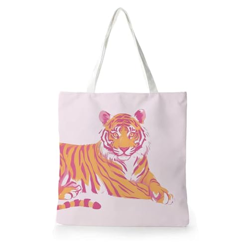 Preppy Coquette Pink Tote Bag, Trendy Shoulder Canvas Tote Bags, Durable Reusable Grocery Bag for Shopping and Travel - color: Tiger