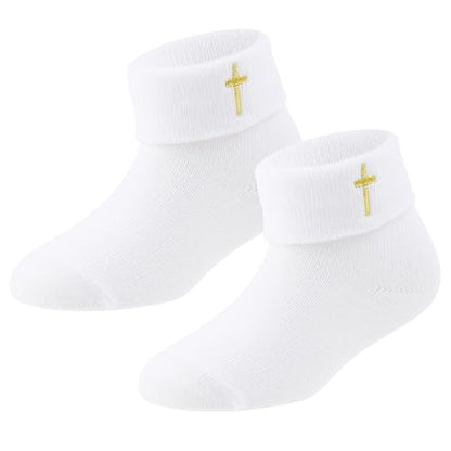 Baptism Socks for Baby Girls - White Newborn Christening Socks With Cross & Eyelet Frilly Lace - color: Gold