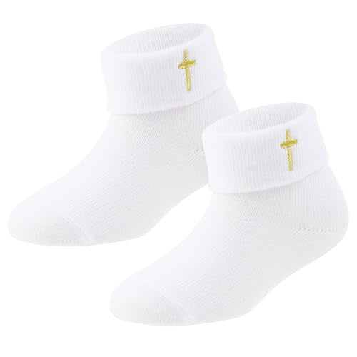 Baptism Socks for Baby Girls - White Newborn Christening Socks With Cross & Eyelet Frilly Lace - color: Gold