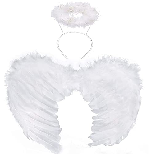 HANDIC Angel Costume Wings and Halo Adult Angel Costume Wings for Kids Girls Woman Halloween (White)