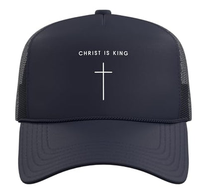 Christ is King Jesus Cross - Minimalist Christian Faith Trucker Hat with Adjustable Mesh Back - color: Navy Blue