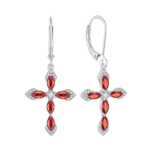 Birthstone Cross Earrings for Women 925 Sterling Silver - color: 01 January - Garnet