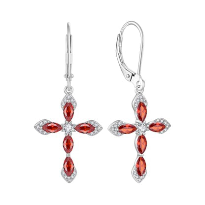 Birthstone Cross Earrings for Women 925 Sterling Silver - color: 01 January - Garnet