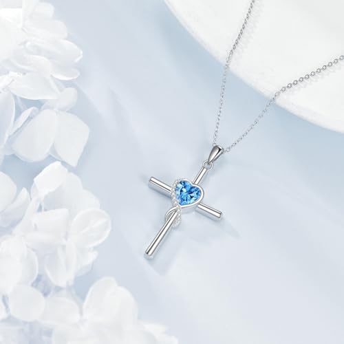 S925 Sterling Silver Cross Necklace for Women Birthstone Necklace Heart Infinity Cross Pendant Necklace Christmas Valentines Day Gifts Birthday Holiday Gifts for Her, 18"+2" Inches - color: 12-Dec Birthstone - Blue Topaz