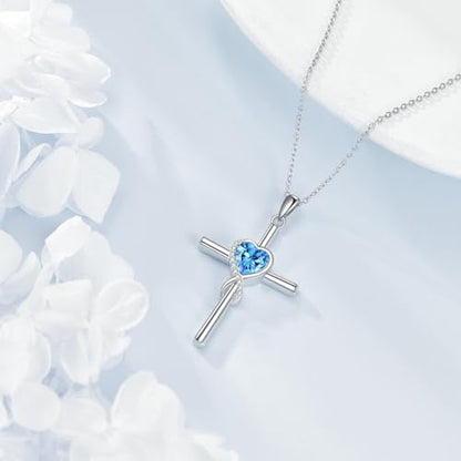 S925 Sterling Silver Cross Necklace for Women Birthstone Necklace Heart Infinity Cross Pendant Necklace Christmas Valentines Day Gifts Birthday Holiday Gifts for Her, 18"+2" Inches - color: 12-Dec Birthstone - Blue Topaz