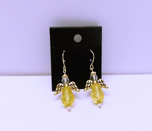 Angel Earrings with Gold Wings, Yellow Crystal Beads, Clear Glass Accents, Dangle Hook Style, Religious Jewelry, Holiday Accessory, Stocking Stuffer, Gift Idea, Unisex