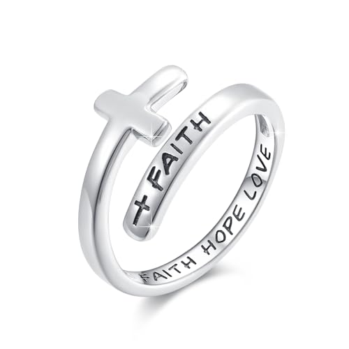 Cross Faith Ring,Sterling Silver Adjustable Open Faith Cross Religious Ring Christian with "Faith Hope Love" Inspiring Incentive Jewerly Gifts for Women